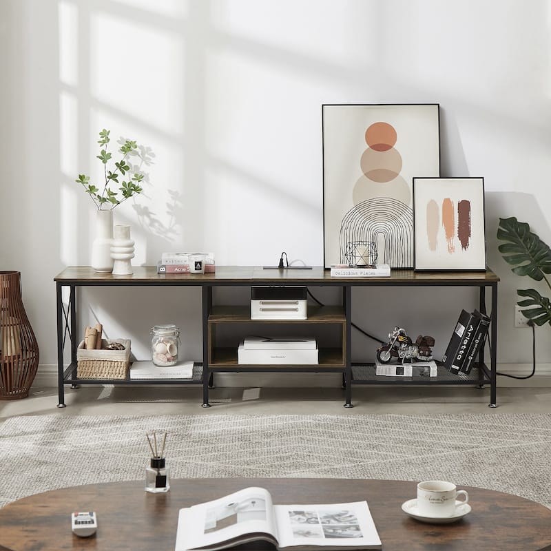 VECELO Wood TV Stand with Charging Station,Storage Shelves Entertainment Center TV Cabinet