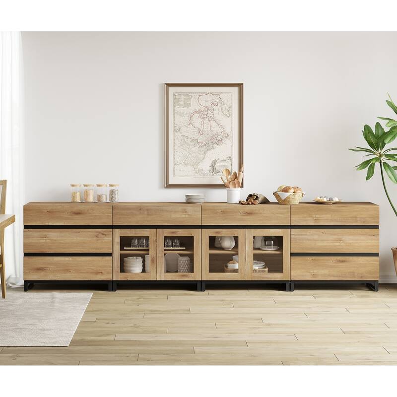 4 in 1 Sideboard with 8 Glass Doors & Drawers, Adjustable Shelf, Metal Base. Coffee Bar Storage for Living Room, Kitchen
