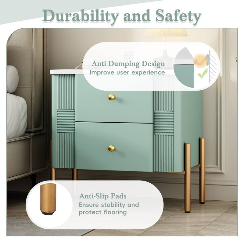 Contemporary Nightstand Featuring 2 Storage Drawers, Fluted Design with Gold-Tone Metal Handles and Legs, Versatile End Table