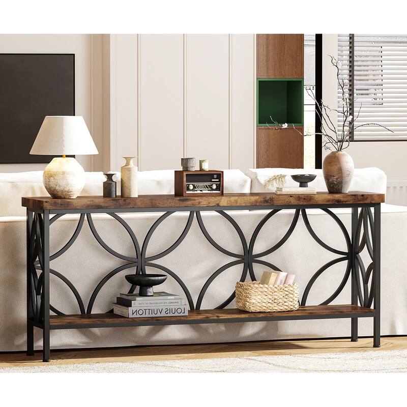 Extra Long Sofa Table with Metal Frame & Rustic Wood Finish - 70.86" L x 11.81" W x 31.88" H - Rustic Brown/Black