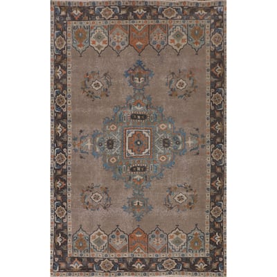 Brown Geometric Tabriz Vintage Rug Handmade Wool Carpet - 6'3"x 9'6"