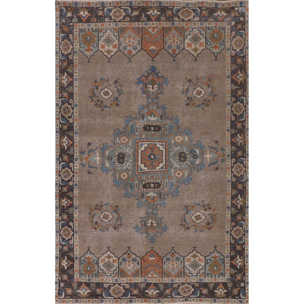 Brown Geometric Tabriz Vintage Rug Handmade Wool Carpet - 6'3"x 9'6"