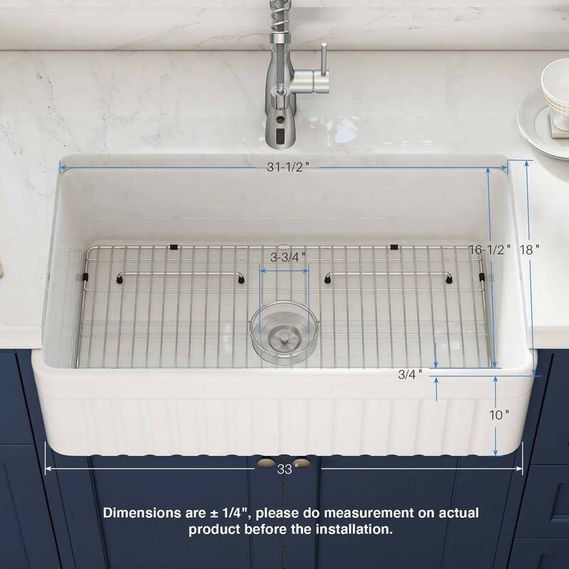 33" White Fireclay Farmhouse Undermount Kitchen Sink with Bottom Grid and Strainer
