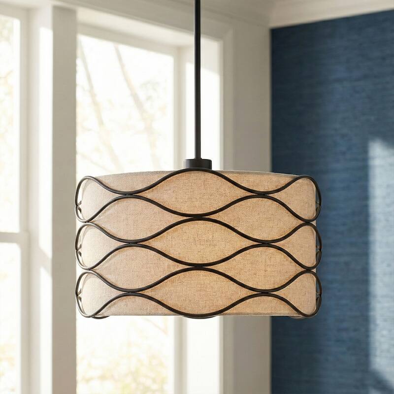 Acroma 4-light Modern Wave Frame Drum Chandelier with Fabric Shade - Matte Black