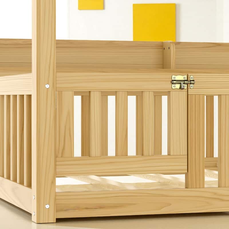 Twin/Full Size Montessori Floor Bed with Canopy and Guardrails, Solid Wood Kids Bed Frame with Shelves, No Box Spring Needed