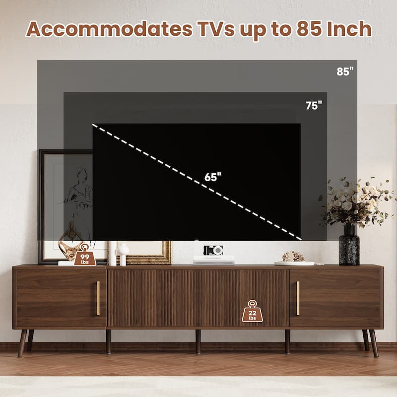 Roomfitters 78 Inch Modern TV Stand for TVs up to 85 Inch, Media Console with Fluted Doors & Soft-Closing Hinges, Walnut