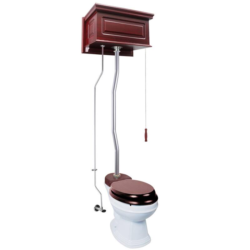 Cherry Wooden High Tank Toilet Raised Tank, Satin Plated Z Pipe and Elongated White Bowl