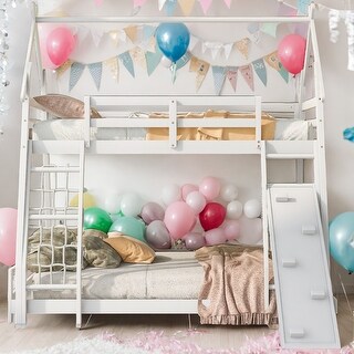 Twin Over Queen House Bunk Bed With Climbing Nets And Climbing Ramp for Home