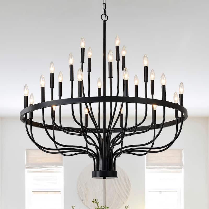 Farmhouse Suspended Pendant Light Fixture 24-Light Black Industrial Iron Candle Chandelier, for Dining Room, Living Room