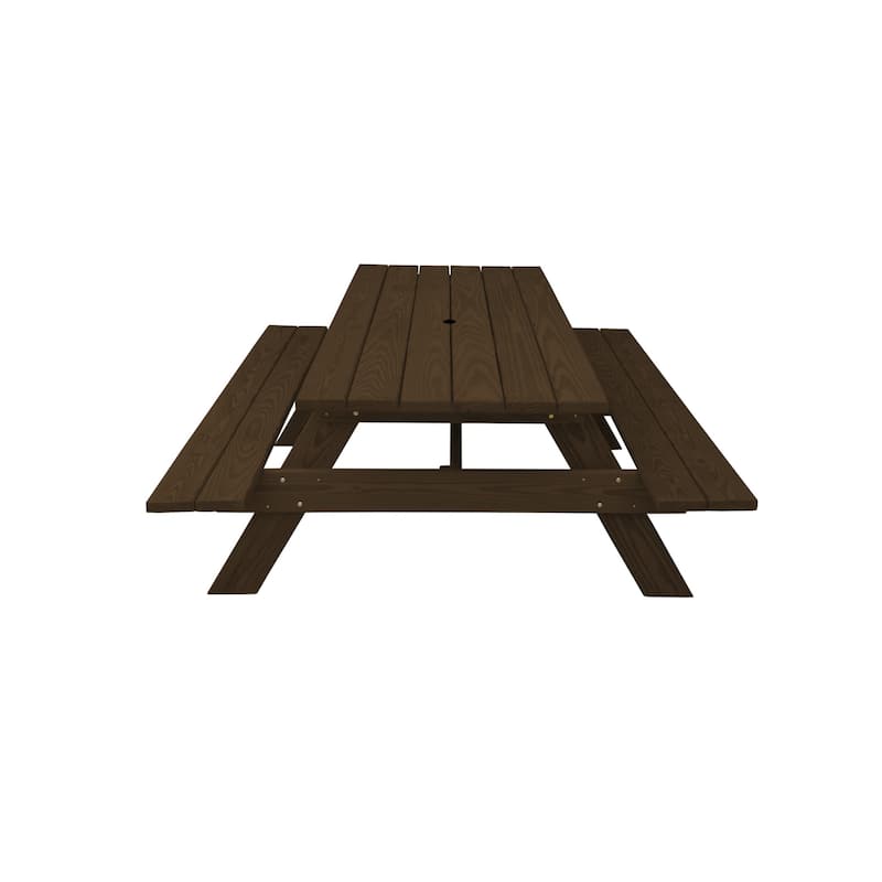HomeRoots 94" Dark Brown Solid Wood Outdoor Picnic Table with Umbrella Hole