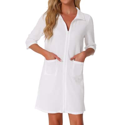 Women's Zip Up Robes 3/4 Sleeves Waffle Bathrobe Sleepwear with Pockets
