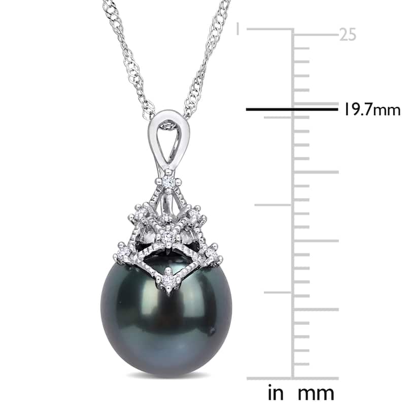 Miadora Black Tahitian Cultured Pearl and Diamond Accent Drop Pendant in 14k White Gold (9-10mm)