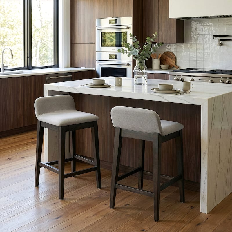 Set of 2 Atia Black Rubberwood Stool with Low Back Fabric Seat