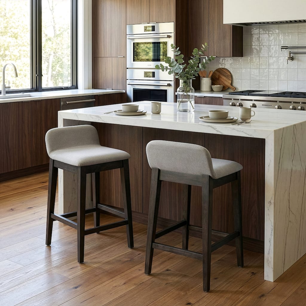 Set of 2 Atia Black Rubberwood Stool with Low Back Fabric Seat