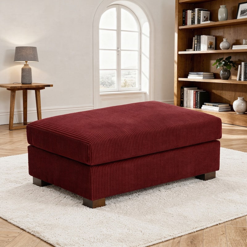 Modern Rectangle Oversized Stripe Corduroy Ottoman - Red