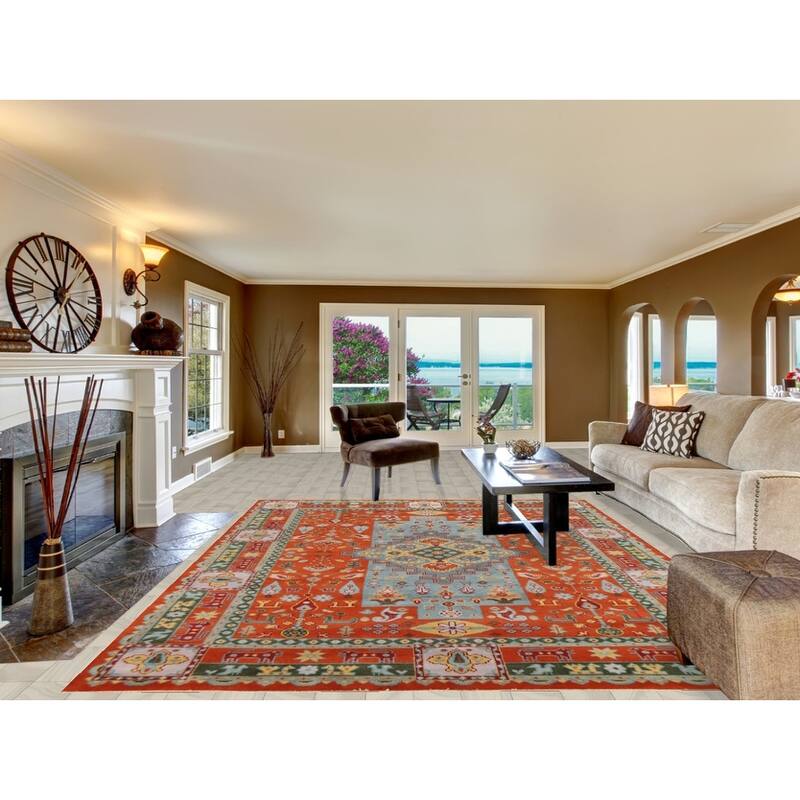 Hand Knotted Oriental 100% Wool Carpet Traditional Tribal Oranges & Rust Heriz (serapi) Area Rug - 11' 9'' X 8' 10''