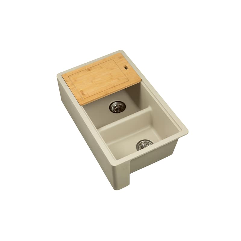 Titan Farmhouse Granite 33-in. Double Kitchen Sink w/ Cut Board and Strainer - Tan