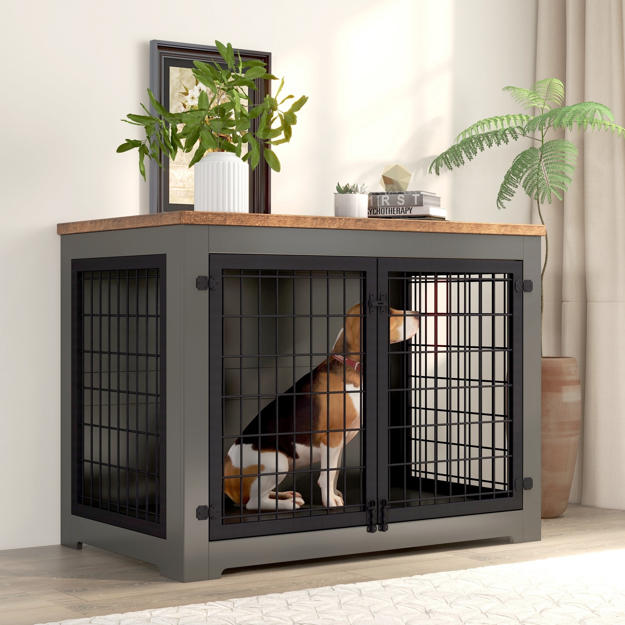 Side Cabinet Dog Cage Dog Crate Wooden Wire Dog Kennel Litter Box Furniture