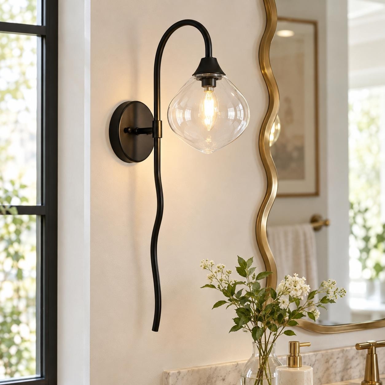 LALUZ Modern Black Sculptural Bathroom Wall Sconce Clear Frosted Art Glass for Living Room Feature Wall Entryway