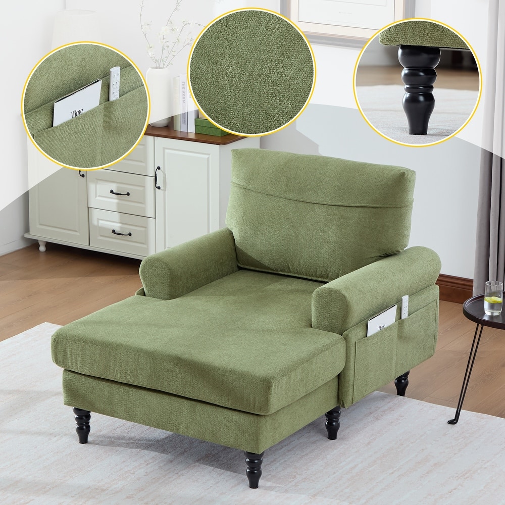 Modern Chaise Lounge Single Sofa Chair, Chenille Fabric Recliner Armchair with Side Pockets and Wooden Legs