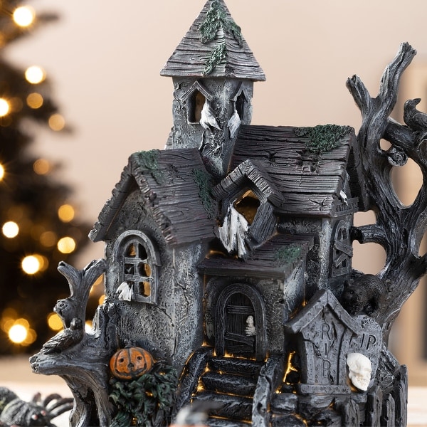 Glitzhome 4-Piece Halloween Lighted Resin Haunted House with Timer