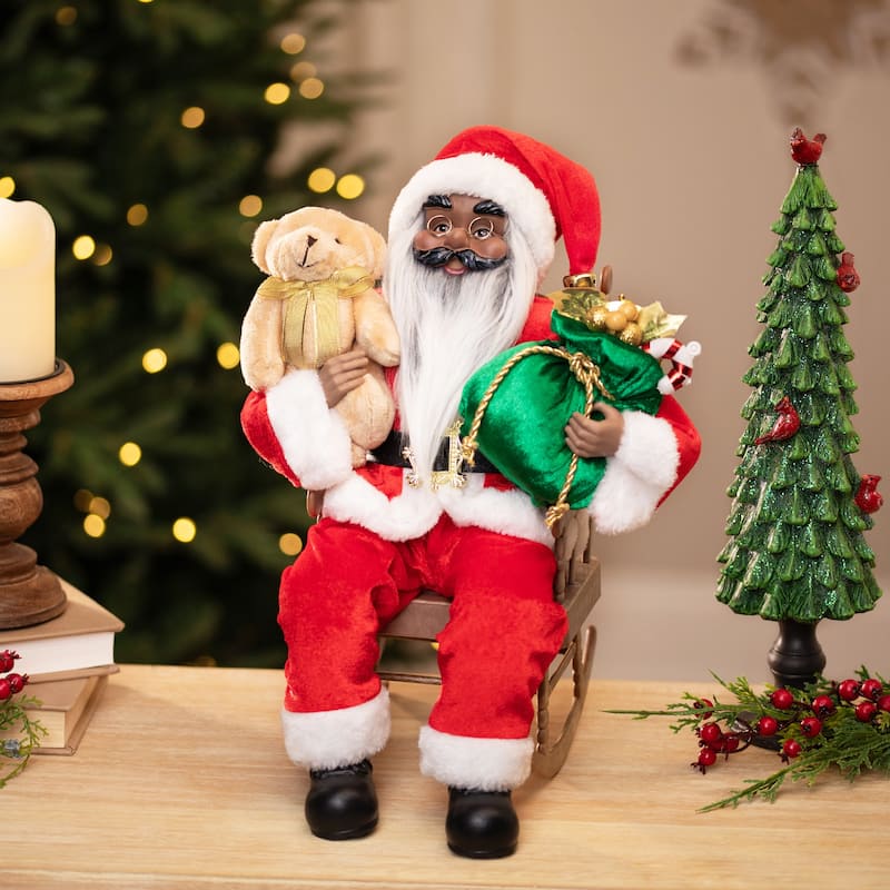 Animated and Musical African American Santa Rocking Chair Christmas Decoration - 14"