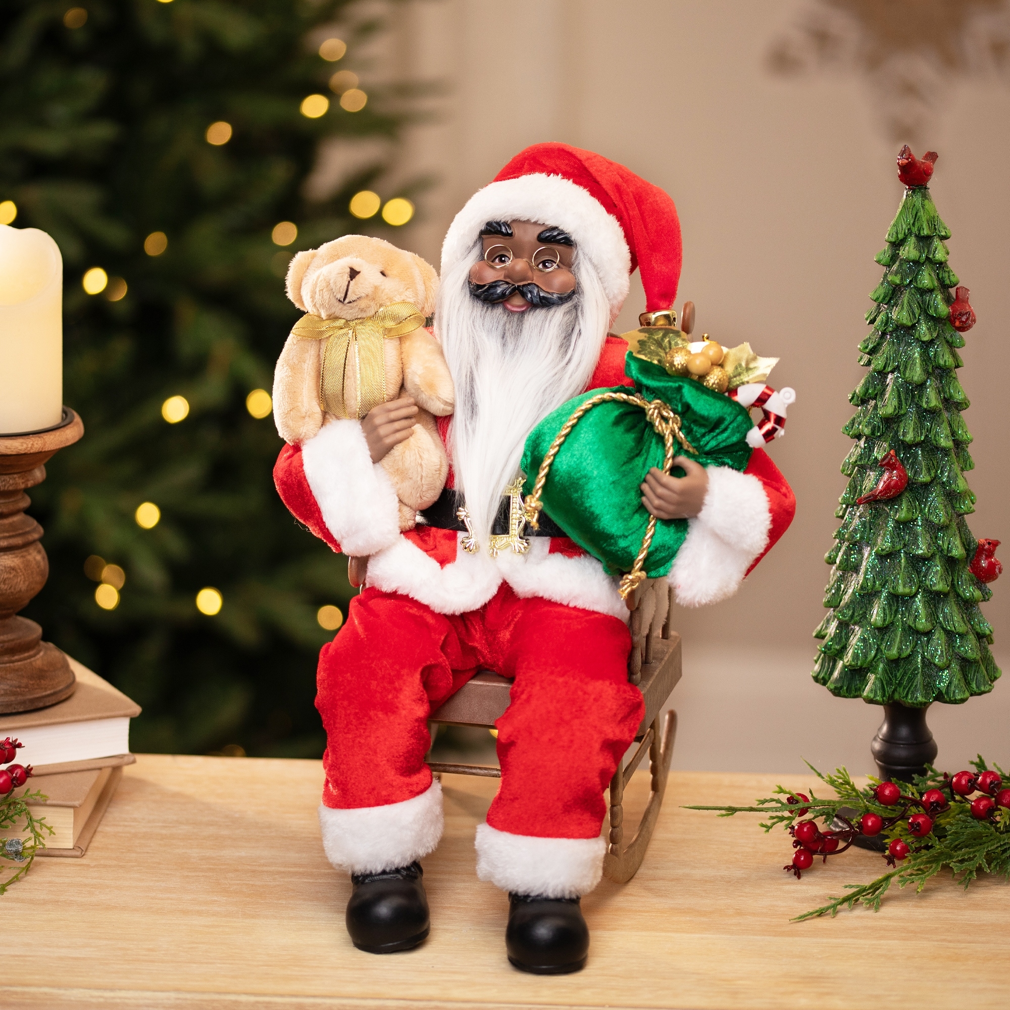 Animated Musical African American Santa Rocking Chair Decor 14"