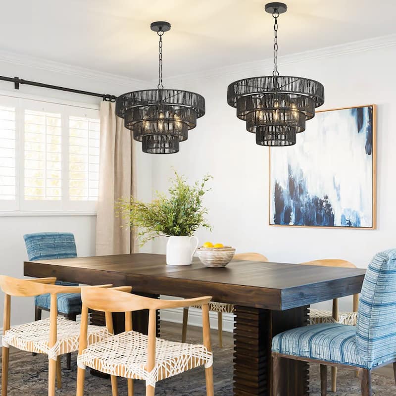 Starsky 6-Light 19inch Boho Tiered Rattan Drum Hand Woven Chandelier with Natural Rope Paper Shade