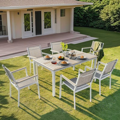 7-Piece Outdoor Dining Set with Umbrella Hole, Stackable Chairs