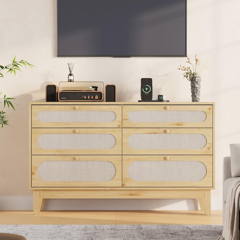 6-Drawer Rattan Dresser with Power Outlet, Wooden Chest of Drawers