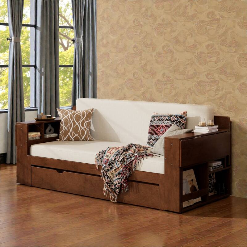 Queen Size 4-in-1 Daybed with Removable Desk, Storage Drawers, Hydraulic Side Tables & Extendable Armrests - Espresso - Queen