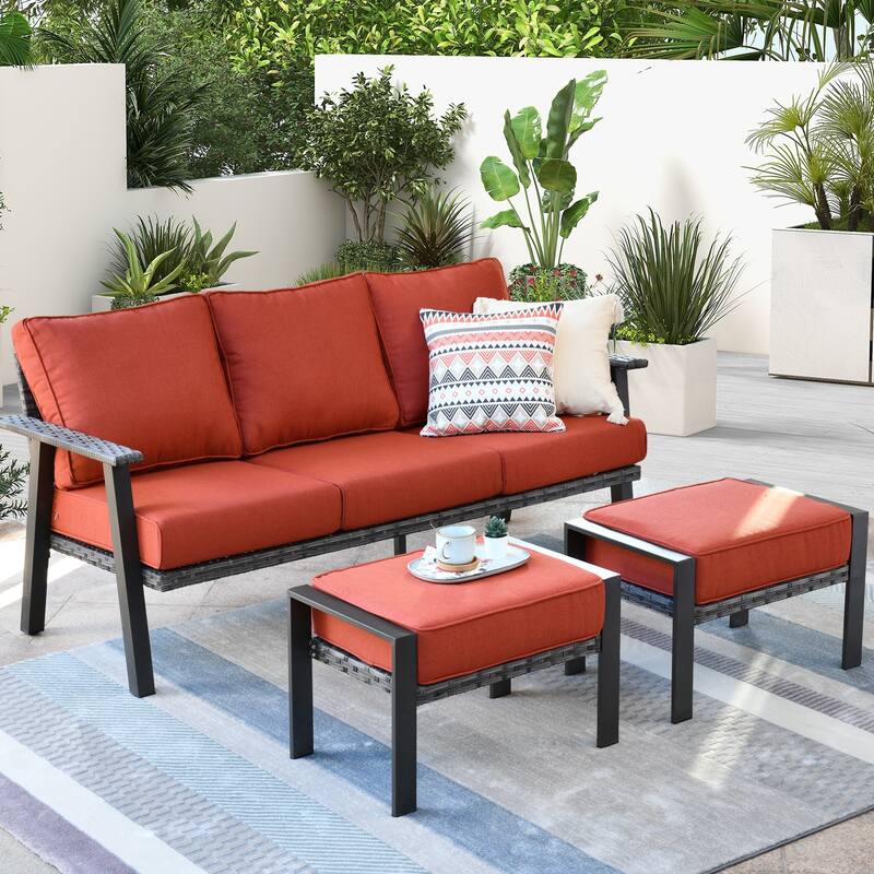 OVIOS Outdoor 3-piece Wicker Sectional Sofa Set With Ottoman Steel Frame - Red/Orange