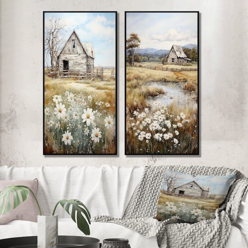 Designart "Farmhouse Quiet Retreat" Farm Framed Wall Art Set Of 2 - White Gallery Set For Office Decor - 24 in. wide x 20 in. high - Black