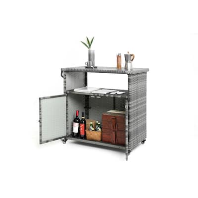 HOMEFUN Outdoor Wicker Bar Cart with Storage on Wheels