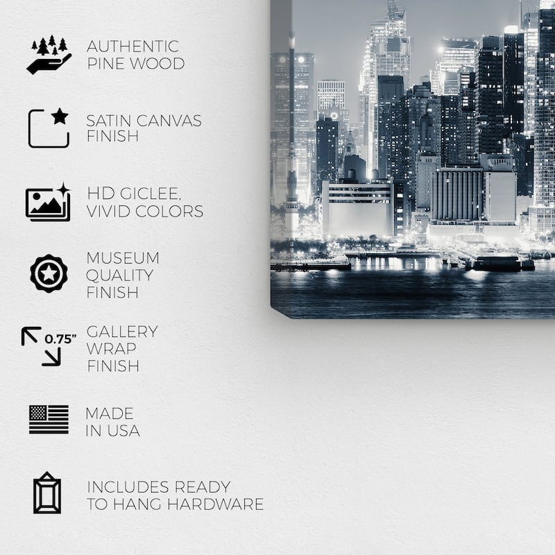 Wynwood Studio Canvas Cities and Skylines Bay at Night Black and Neon White Modern & Contemporary Wall Art Canvas Print