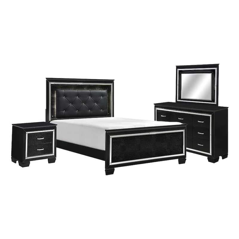Alen 4 Pc Queen Size Bedroom Set, Button Tufting, Mirror Trim, Black