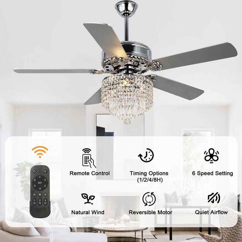 52" Modern Indoor Reversible Crystal Drum Ceiling Fan with Remote Control and Light Kit 6-speed DC Motor