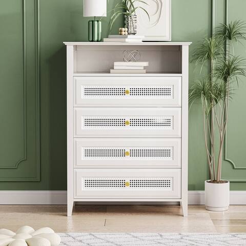 Vintage 4-drawer Dresser with Rattan Panels, Storage Space