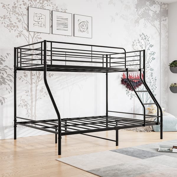 slide 2 of 10, Heavy Duty Twin Over Full Metal Bunk Bed with Ladder,Metal Slats And Side Rails Black