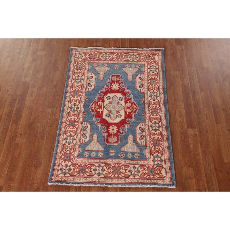 Blue Geometric Kazak Accent Rug Handmade Wool Carpet - 3'2"x 4'8"