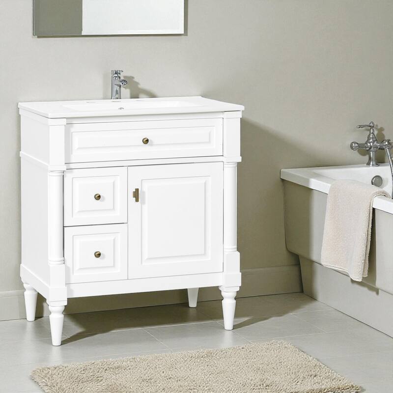 30" Freestanding Bathroom Vanity with Ceramic Sink, Solid Rubberwood Frame, Flip Drawer & Adjustable Shelf