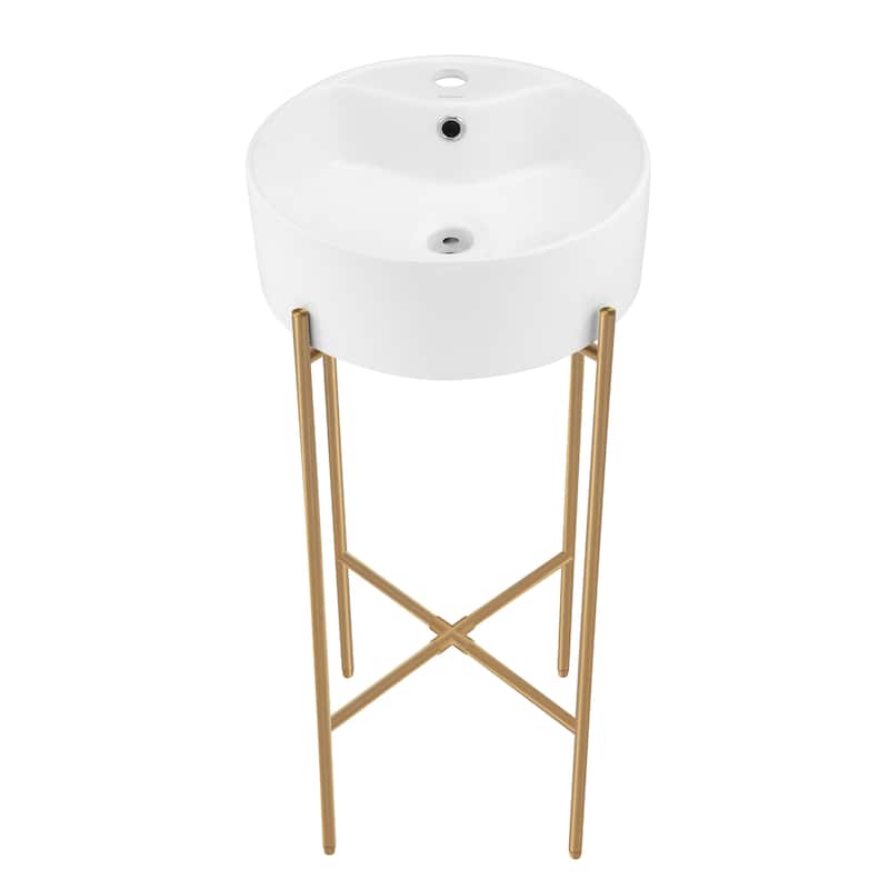 Monaco 15.75" Round Console Sink With Faucet Mount, White Basin Brushed Gold Legs - 15.75" x 15.75" x 5.51"