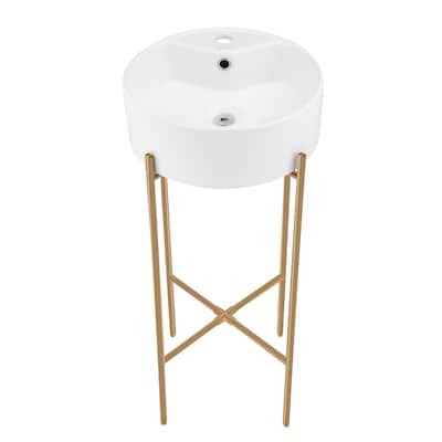Trocadero 15.75" Round Console Sink With Faucet Mount, White Basin Brushed Gold Legs - 15.75" x 15.75" 5.51"