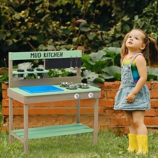 Kids Play Kitchen, Wood Mud Kitchen with Water Play Set and Cooking Toys for Outdoor, Gift for 3-8