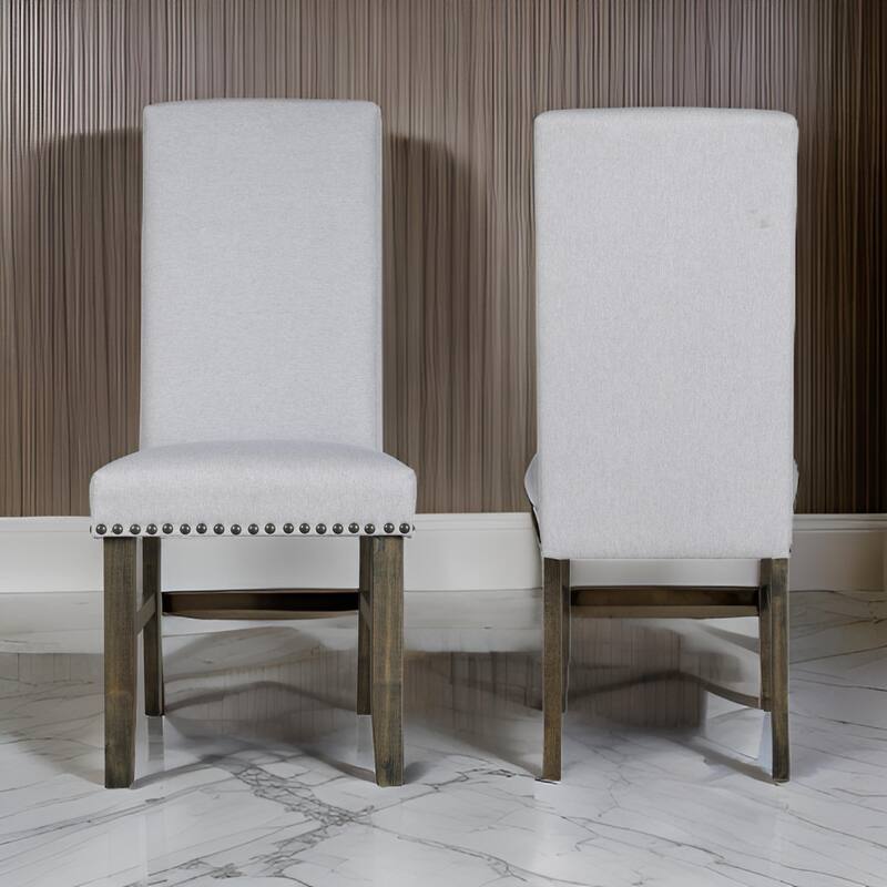 Luo 19 Inch Dining Chairs Set of 2, Nailhead Trim, Gray Fabric, Brown Wood