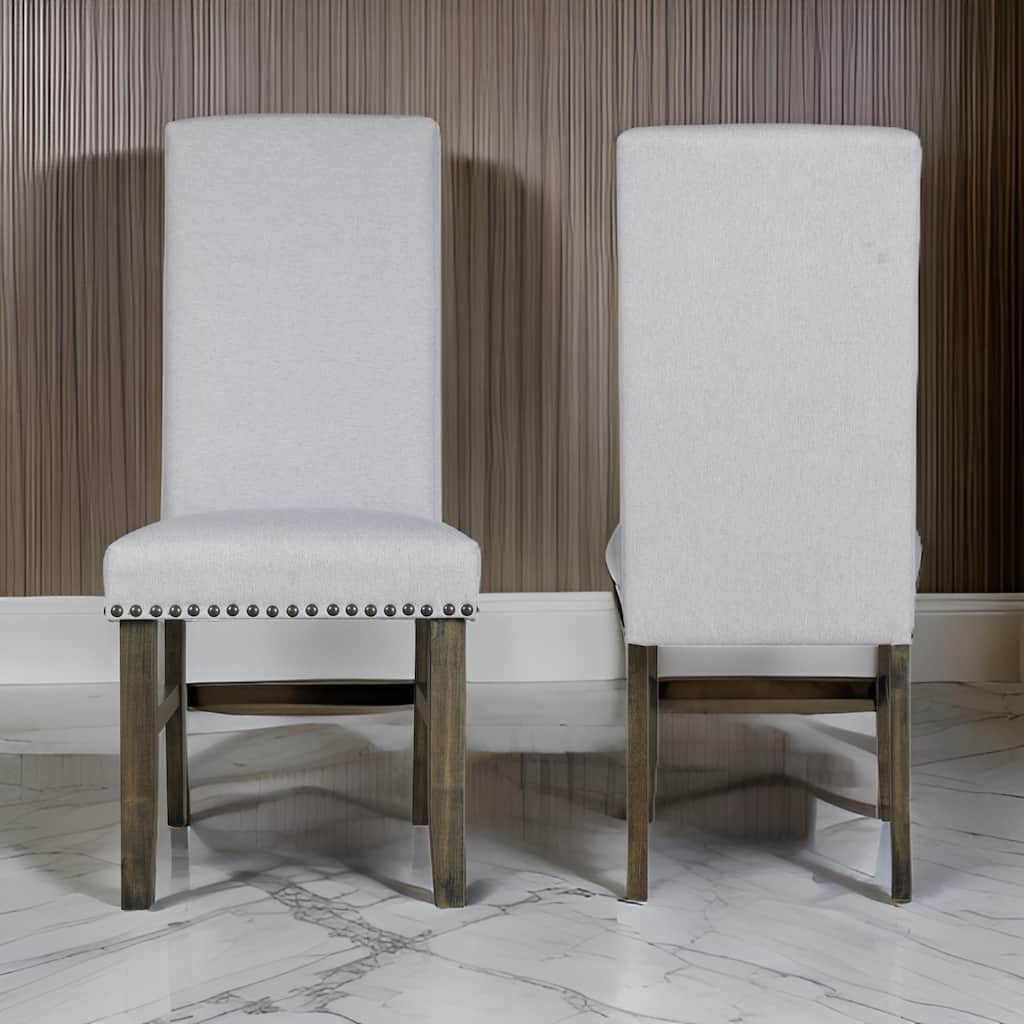 Luo 19 Inch Dining Chairs Set of 2, Nailhead Trim, Gray Fabric, Brown Wood