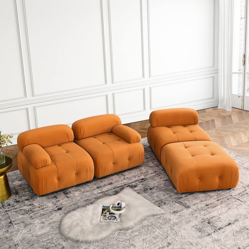 Velvet Sectional Sofa Orange Sleeper Loveseat with Reversible Ottoman