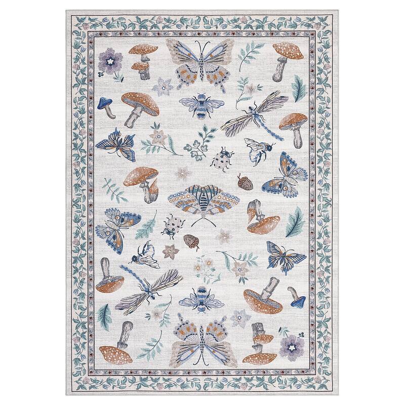Area Rugs for Living Room Modern Insect Rug Mushroom Pattern Rug Soft Washable Non Slip Low Pile Rug
