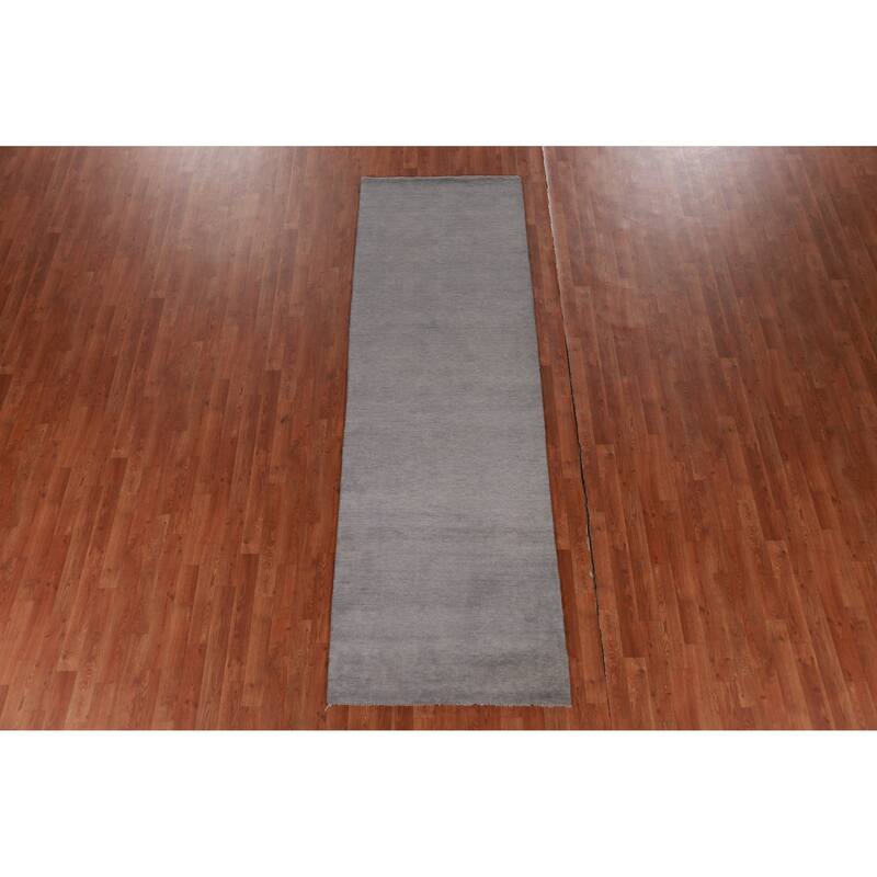 Hand Knotted Oriental 100% Wool Carpet Modern Solid Greys & Charcoal Gabbeh Runner Rug - 10' 0'' X 3' 1''