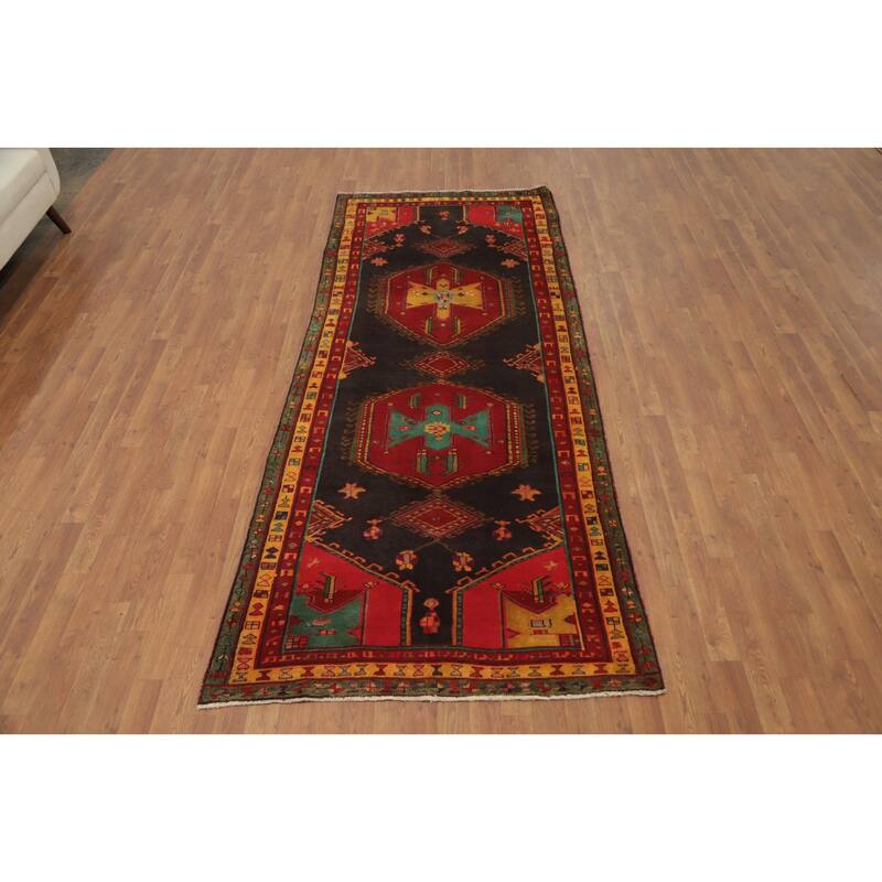 Hand Knotted Oriental 100% Wool Carpet Traditional Geometric Greys & Charcoal Ardebil Runner Rug - 9' 7'' X 4' 0''